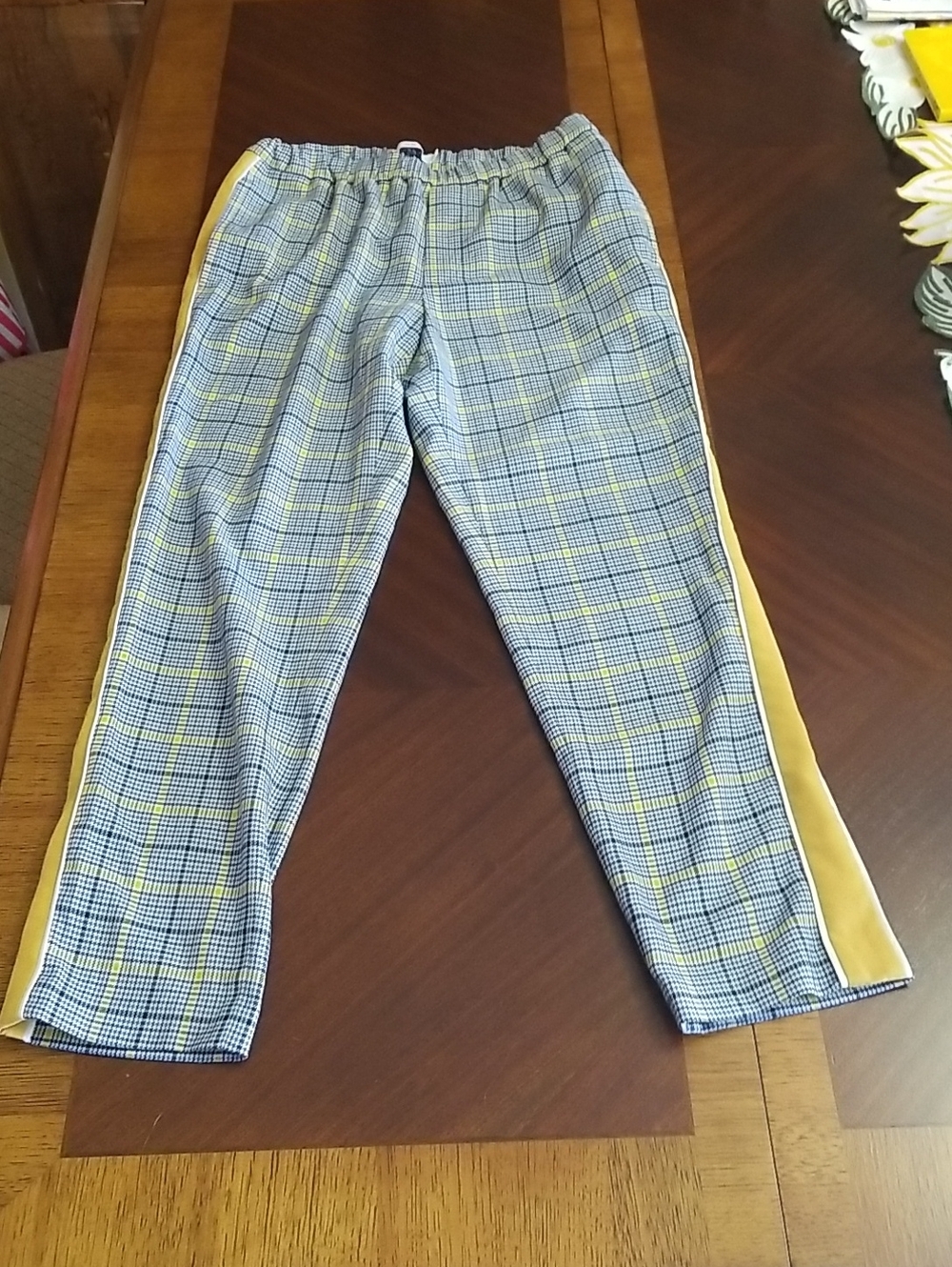 Closed Blanch Pants - Plaid with Mustard Side Stripe - Elastic Waist - Size 26